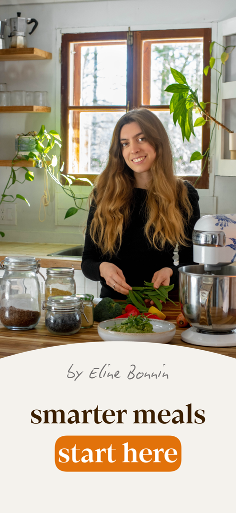 Eline's Table: Vegan Recipes - Chef Eline Bonnin in her kitchen with fresh vegan ingredients and text reading smarter meals start here