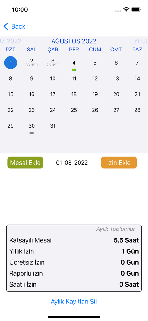Mesailerim - Calendar view of the Mesailerim app showing monthly overtime and leave tracking in Turkish