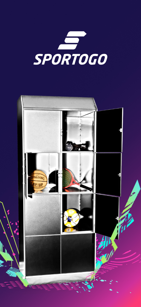 Sportogo locker station with open compartments showing a basketball, tennis racket and volleyball
