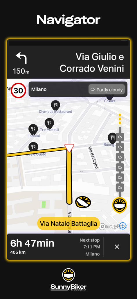 SunnyBiker app navigation interface showing a motorcycle route in a city with real-time weather updates and points of interest