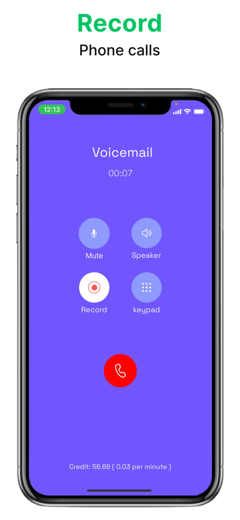 Une capture d'écran de l'application Text Now montrant un écran d'appel actif avec un bouton d'enregistrement d'appel proéminent et le statut de la messagerie vocale.