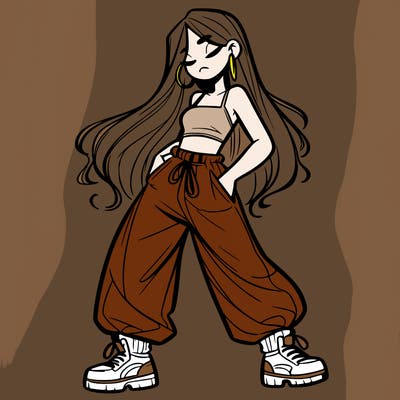 girl in baggy pants crop top and long hair