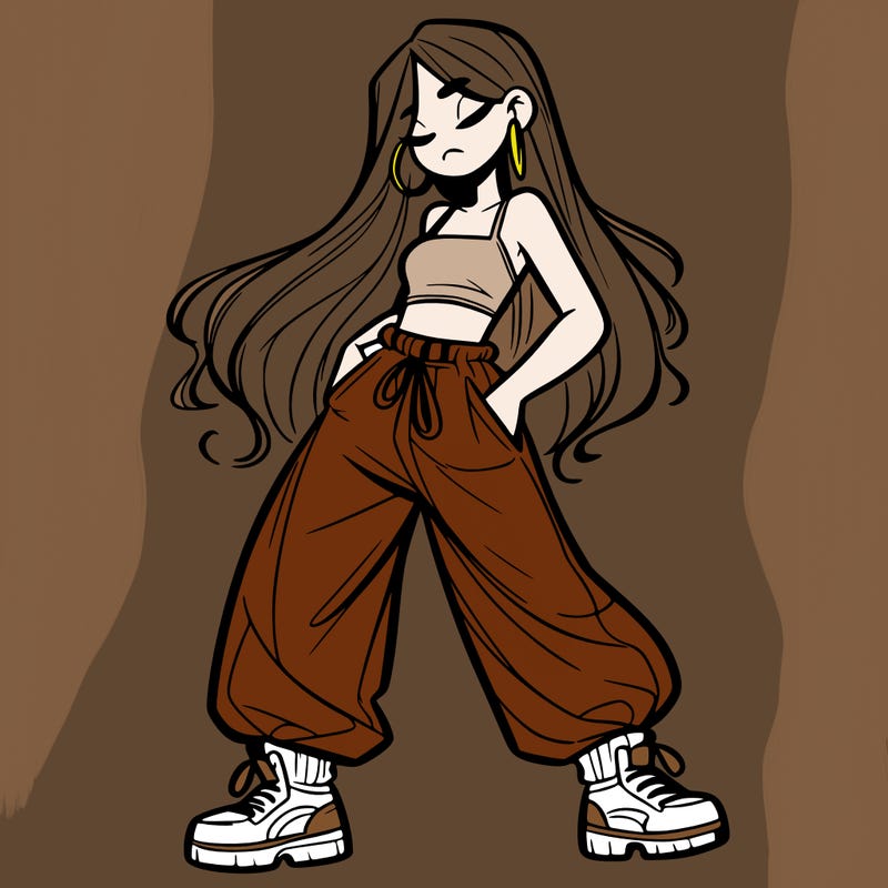 girl in baggy pants crop top and long hair