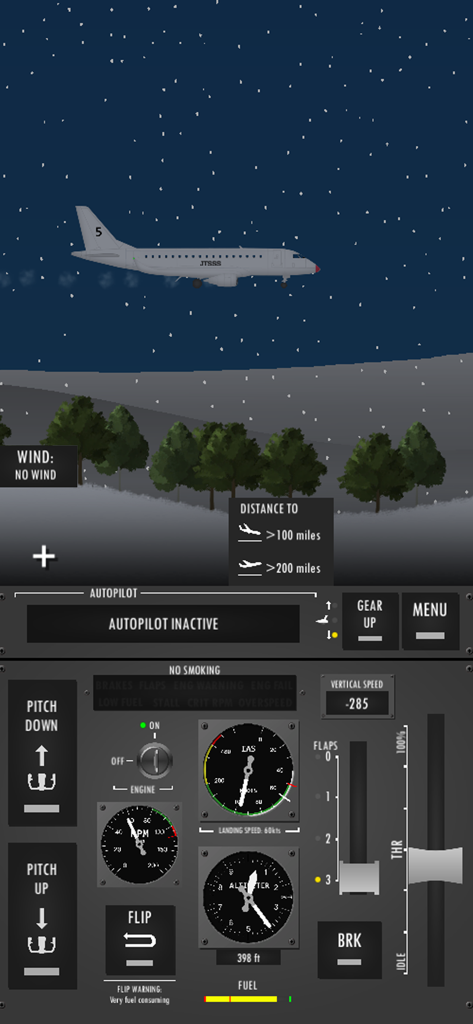 A passenger jet flying over a snowy forest at night in Flight Simulator 2D with a detailed cockpit instrument panel