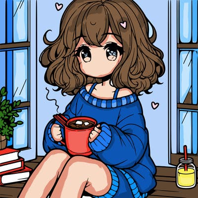 cute anime girl reading book and drinking hot chocolate from mug with loose wavy hair wearing a baggy sweatshirt and shorts sitting by windowsill looking out