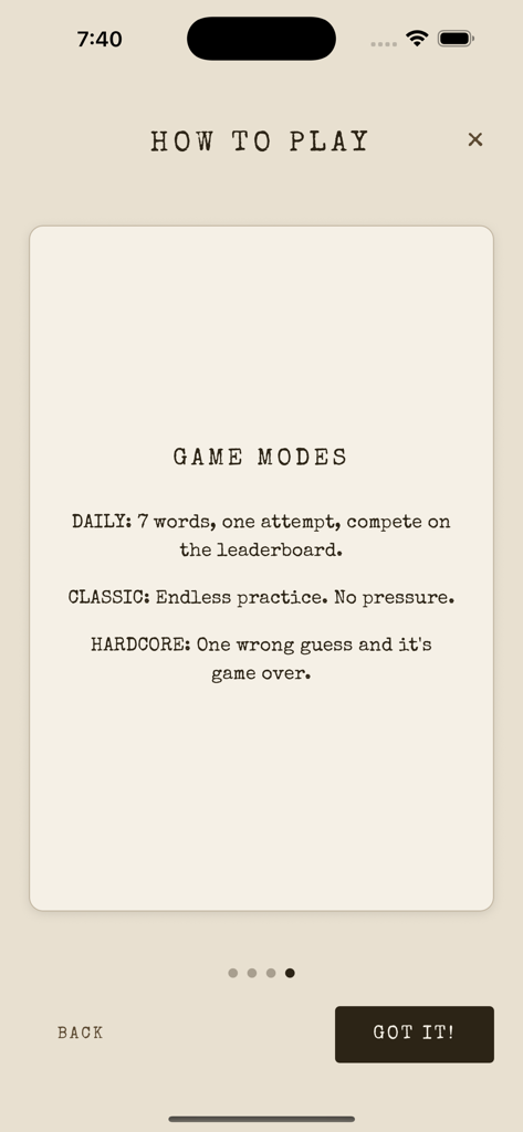DEFINED. - DEFINED. 단어 게임에서 일일 클래식 및 하드코어 게임 모드를 설명하는 지침 화면