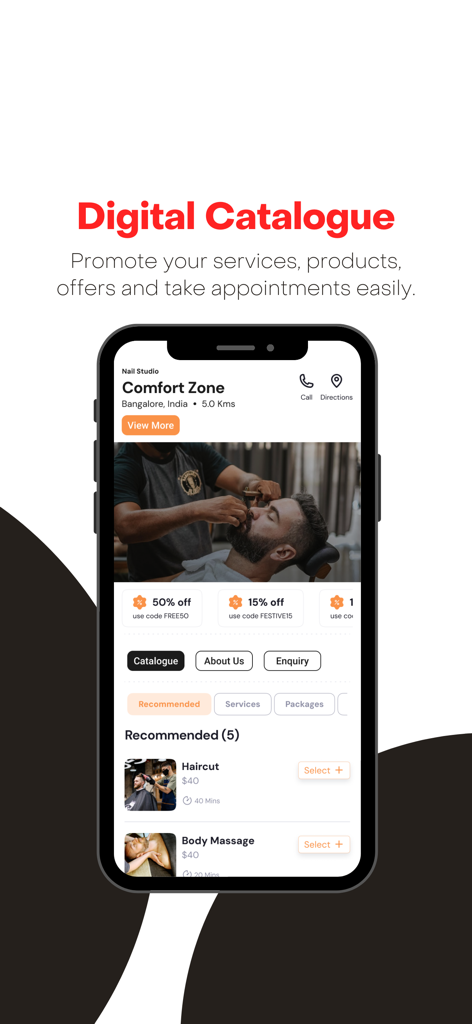 Zylu app showing a digital catalogue for salon services and bookings.