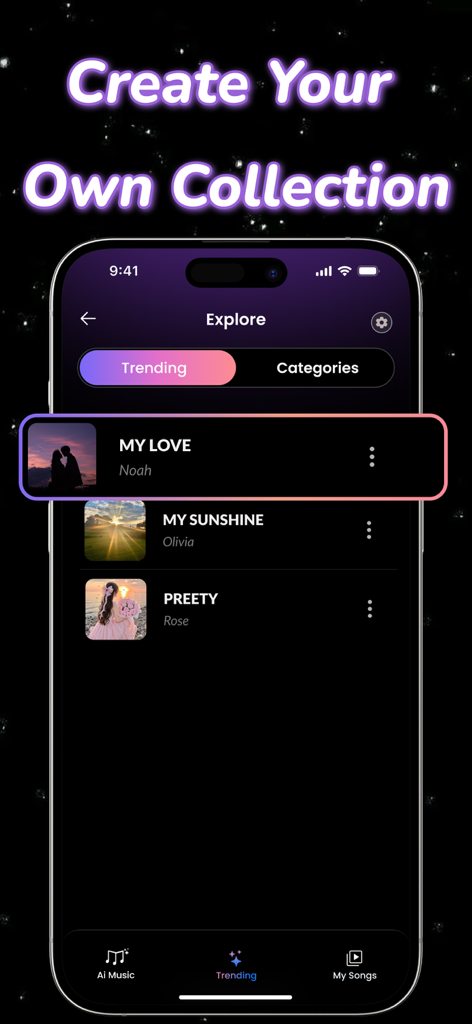 AI Song Generator ~ AI Music - The Explore screen of the AI Song Generator app showing a collection of trending songs.