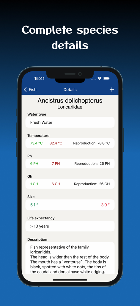 Aquarium Manager: Tank Log - Profil détaillé d'espèce de poisson avec paramètres d'eau dans l'application Aquarium Manager.