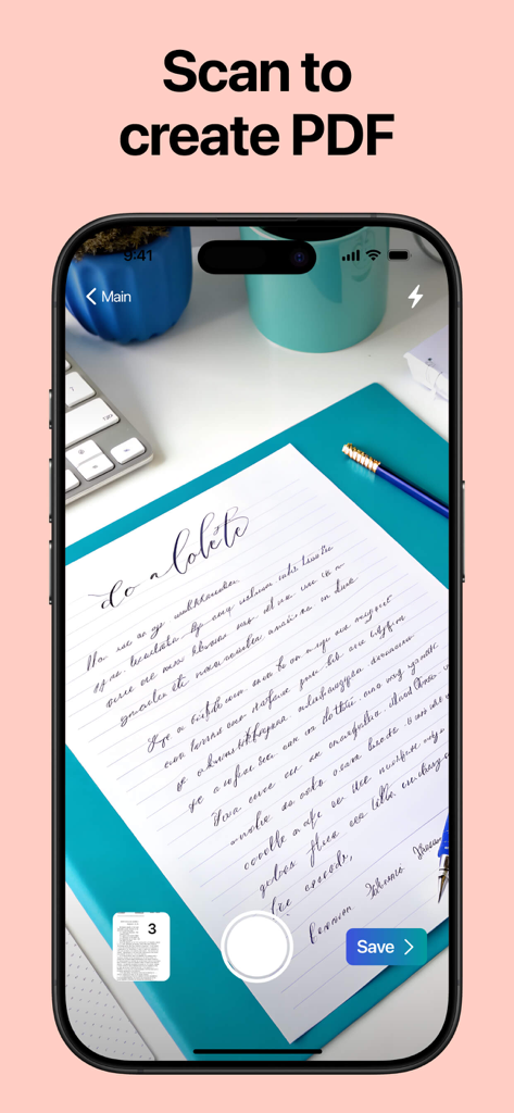 Notebook: Note Taking - An iPhone using the Notebook app to scan a handwritten document on a desk to create a PDF.