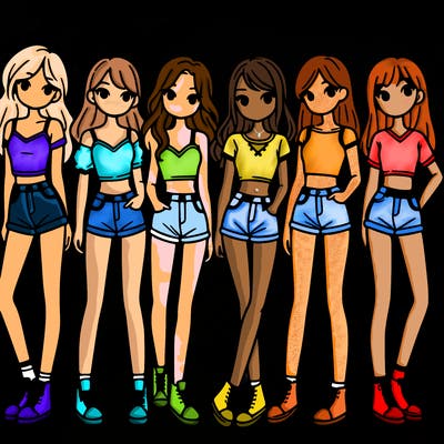 a group of girls wearing crop tops and shorts