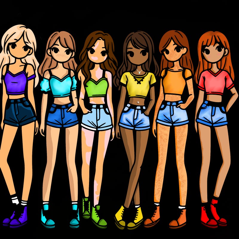 a group of girls wearing crop tops and shorts