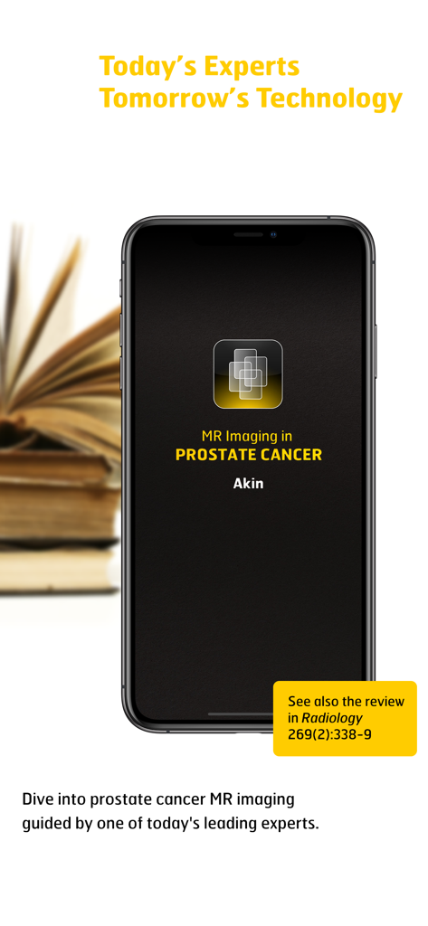 MR Imaging in Prostate Cancer - Smartphone displaying the MR Imaging in Prostate Cancer app splash screen with a background of traditional textbooks.