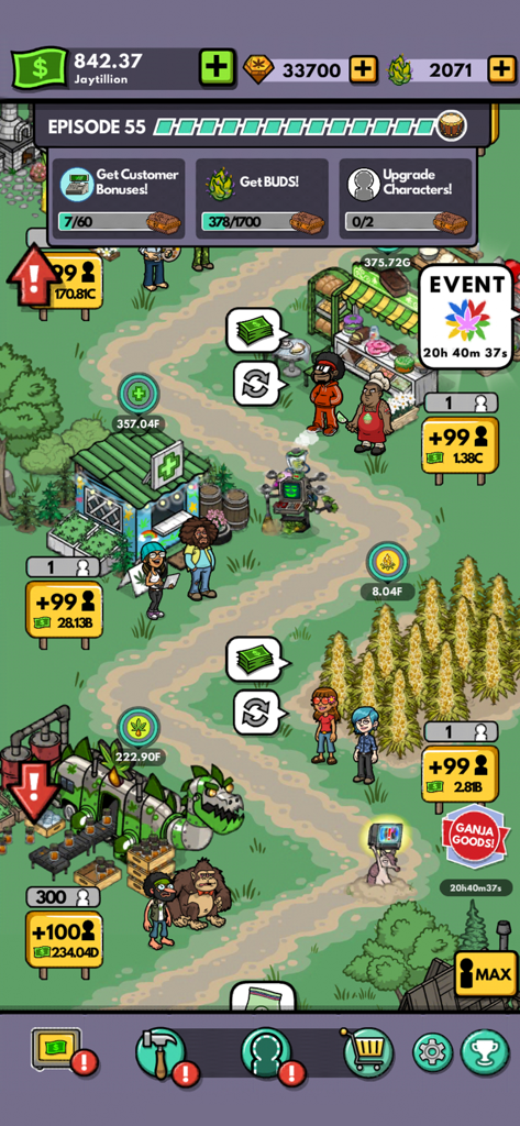 Bud Farm: Idle Tycoon Game - Captura de pantalla del juego de Bud Farm Idle Tycoon que muestra plantas de cannabis y la interfaz de gestión de la granja.