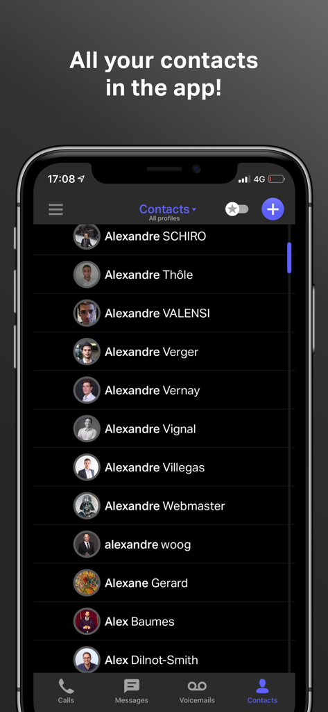 Onoff Business app contact list interface on a smartphone