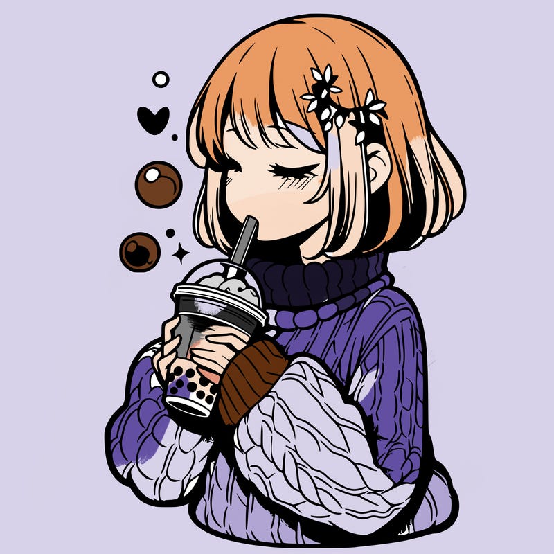 manga girl drinking boba in cozy sweater