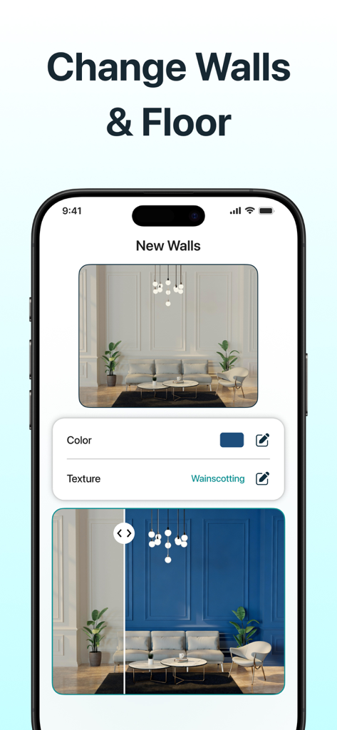 AI Home & Room Interior Design - Screenshot einer mobilen App, der die Anpassung von Wandfarben und Texturen mit einem Vorher-Nachher-Vergleich zeigt