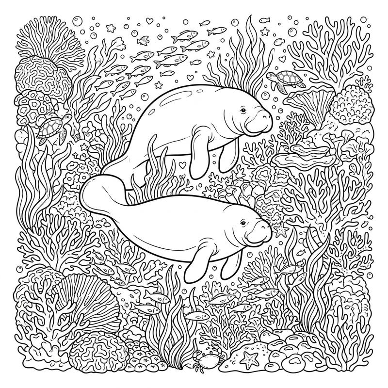 Embark on an artistic journey beneath the waves with our Manatee Conservation coloring page. Discover a beautifully detailed underwater world where gentle manatees swim amongst vibrant coral and diverse marine life.