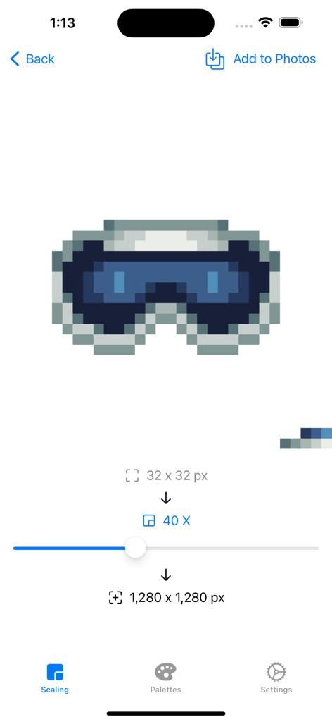 Pixel Companion for Procreate - Oberfläche der Pixel Companion für Procreate App, die die verlustfreie Skalierung eines 32x32 Pixel-Art-Sprites auf 1280x1280 Auflösung demonstriert