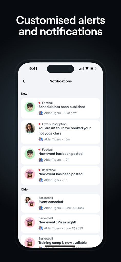 Un écran de smartphone affichant les notifications et alertes sportives personnalisées de l'application Abler.