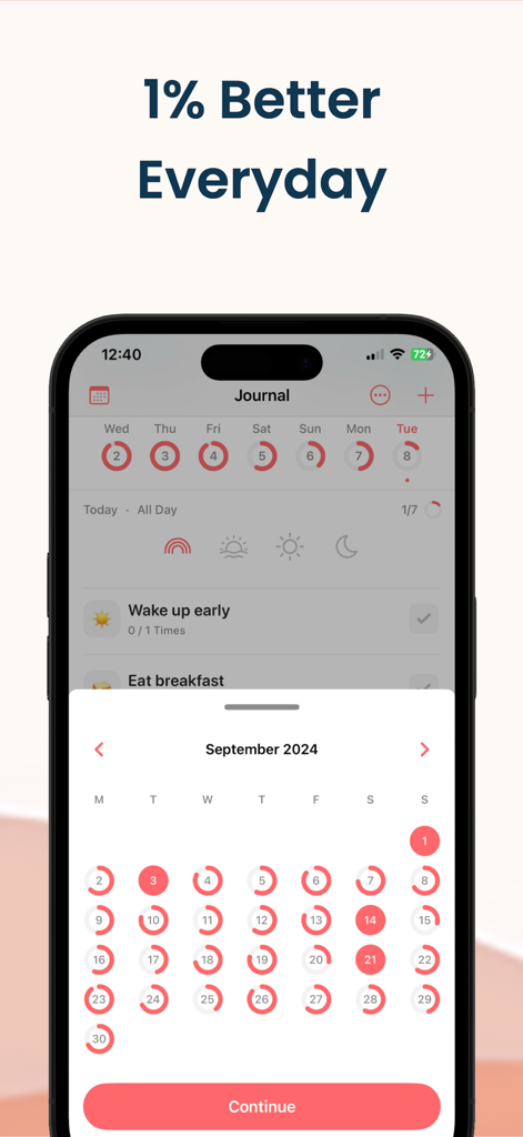 Habit Tracker - HabitPal - HabitPal app interface showing a monthly calendar with progress circles and daily habit goals