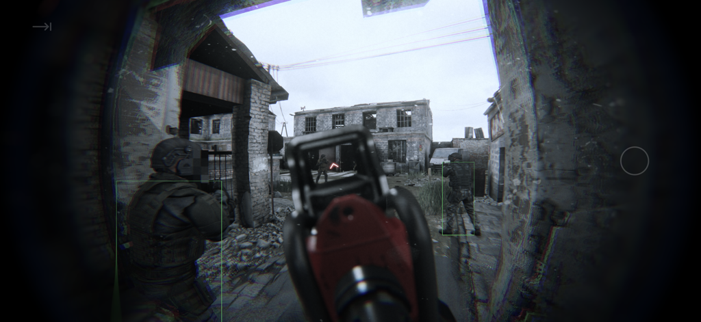 First person bodycam view of a tactical shooter game in a realistic urban environment