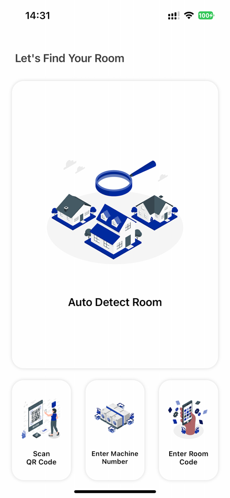 CleanPay Mobile - Tela do aplicativo CleanPay Mobile para encontrar uma lavanderia com opções para detectar automaticamente, escanear código QR ou inserir o número da máquina