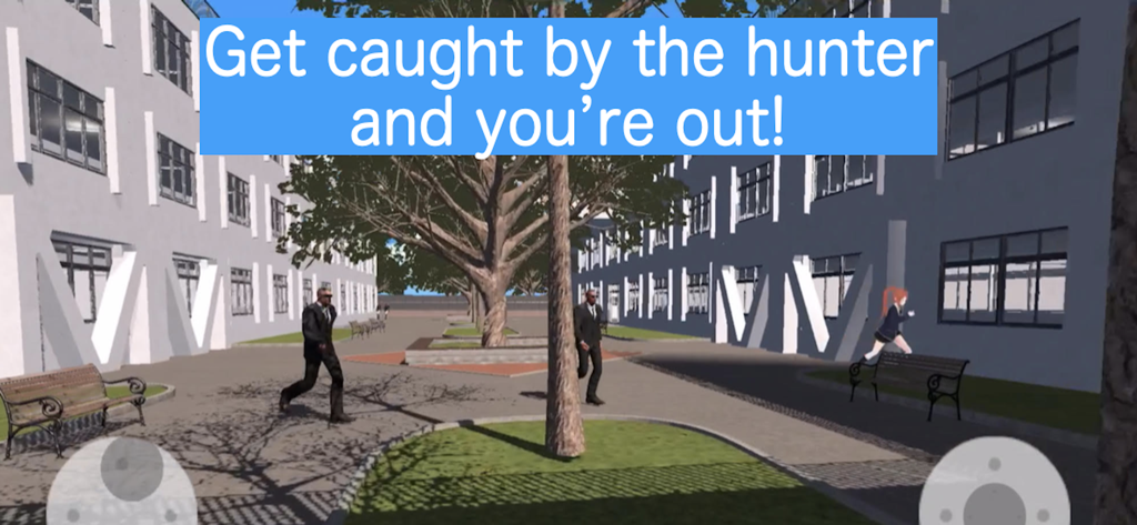 School Hide and Tag - 학교 운동장에서 복장을 한 추격자들이 학생을 쫓고 있는 모습.