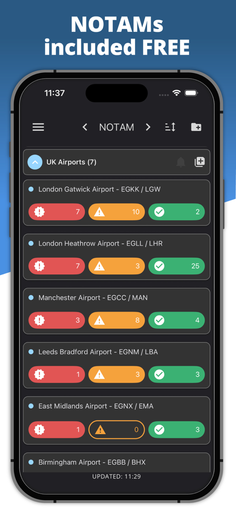 Una pantalla de aplicación móvil que muestra una lista de aeropuertos con alertas NOTAM categorizadas para pilotos