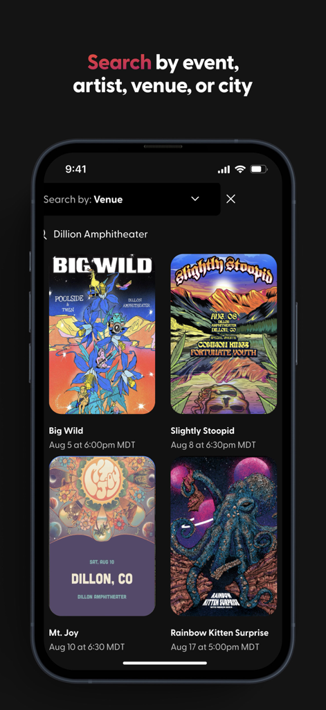 Tixr - Event Tickets - Interface de pesquisa do aplicativo Tixr mostrando resultados de eventos de shows no Dillon Amphitheatre com pôsteres artísticos dos eventos