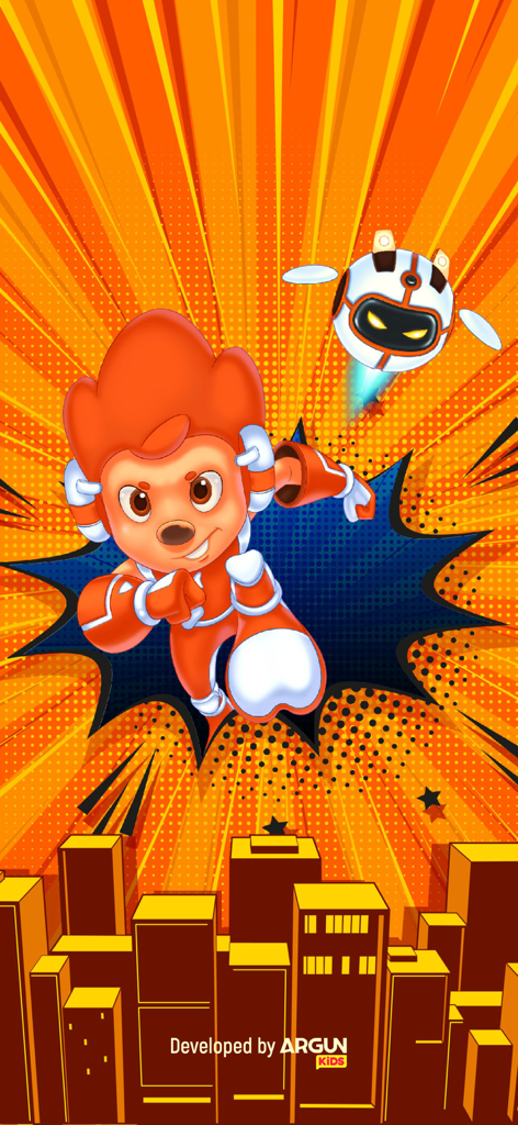 Pips comics - Personaje de cómic de Pips corriendo en una vibrante escena de acción naranja con un compañero robot volador