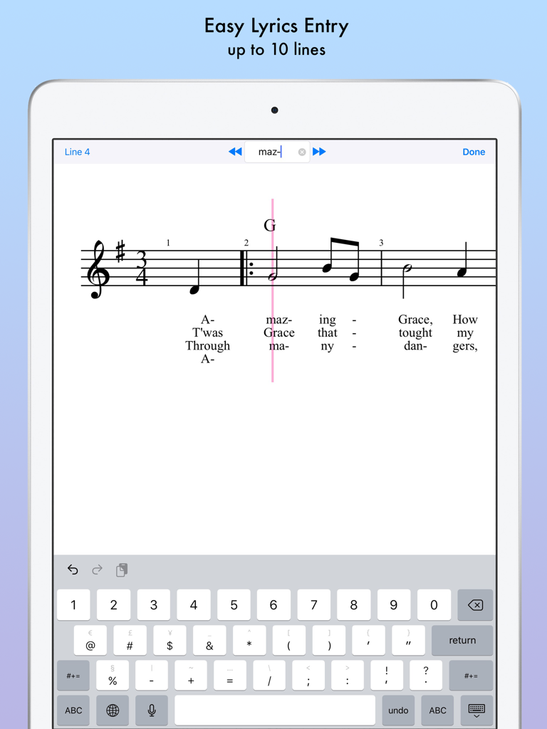 iWriteMusic Pro SE - Interfaz de la aplicación iWriteMusic Pro SE que muestra la entrada de letras multilínea fácil para partituras en un iPad