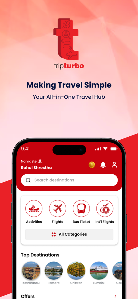 Trip Turbo - Pantalla de inicio de la aplicación de viajes Trip Turbo para Nepal que muestra opciones de reserva de viajes para vuelos y autobuses en Nepal