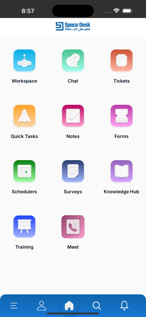SpaceDesk App - Interfaz de la aplicación SpaceDesk que muestra iconos para Workspace, Chat, Tickets y otras herramientas de productividad.