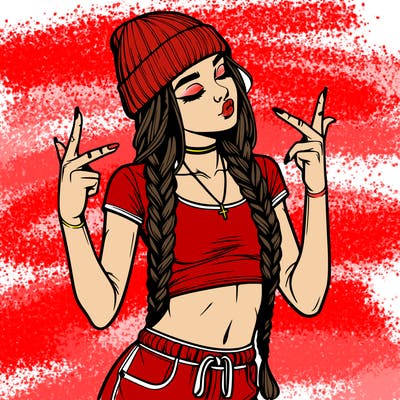 realistic teenage girl with braids and a beanie and crop top doing 🫶🏼