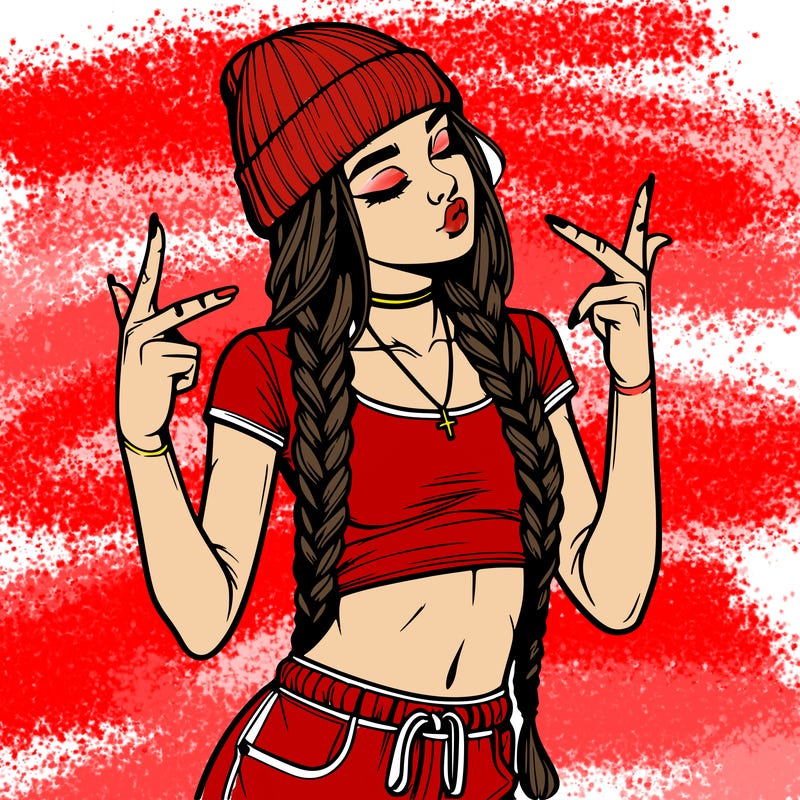 realistic teenage girl with braids and a beanie and crop top doing 🫶🏼
