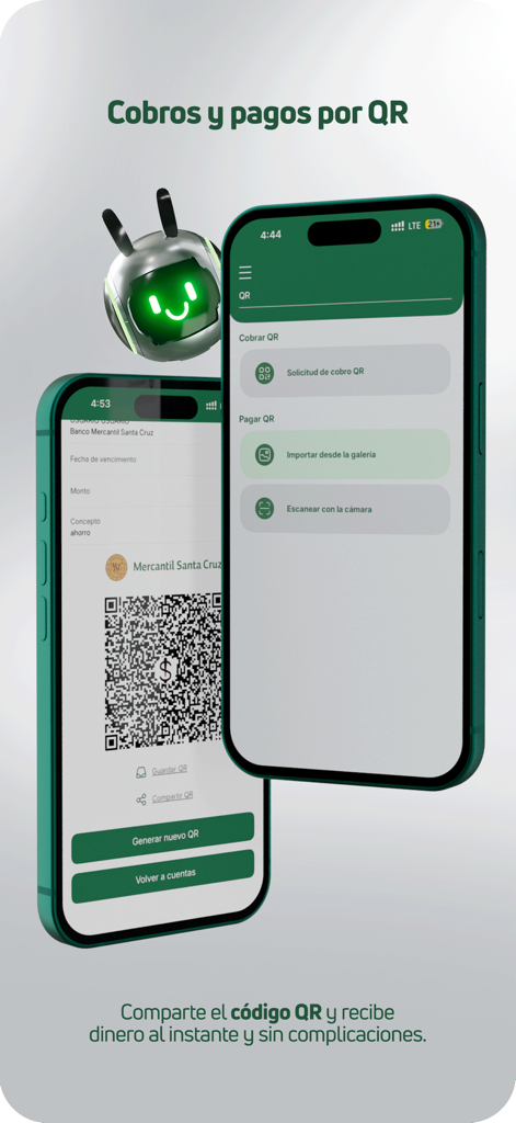 BMSC Movil banking app interface showing options for QR code payments and collections