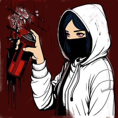 realistic girl wearing a hoodie spray painting a wall