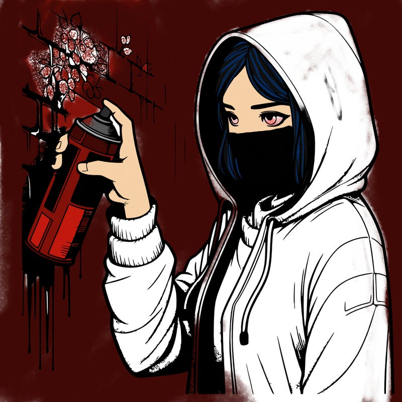 realistic girl wearing a hoodie spray painting a wall
