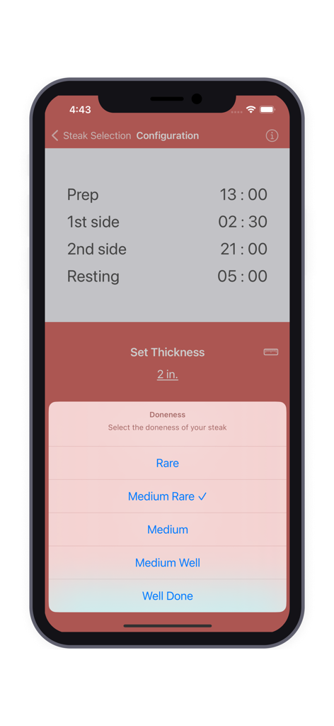 Pantalla de configuración de la aplicación Steak Timer para la selección de grosor y punto