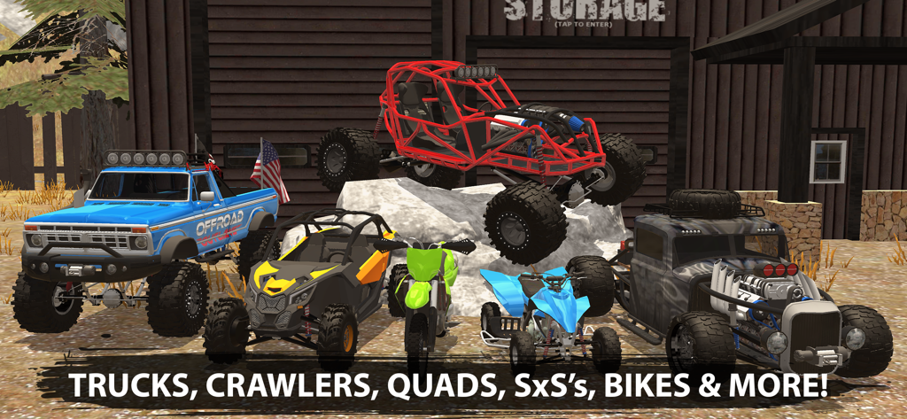 Um grupo de diversos veículos off-road, incluindo um caminhão azul, um rock crawler vermelho e uma moto de trilha verde.
