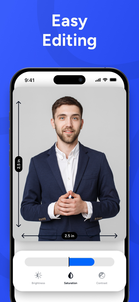 Smartphone displaying easy editing features for a professional ID photo in the Passport Photo Maker app