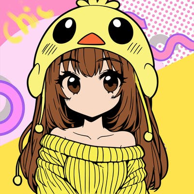 anime girl with chick shaped hat with sweater with bare shoulders with bangs covering them one eye with low tail