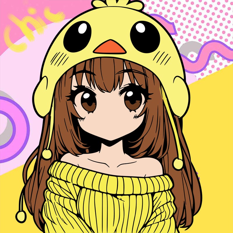anime girl with chick shaped hat with sweater with bare shoulders with bangs covering them one eye with low tail