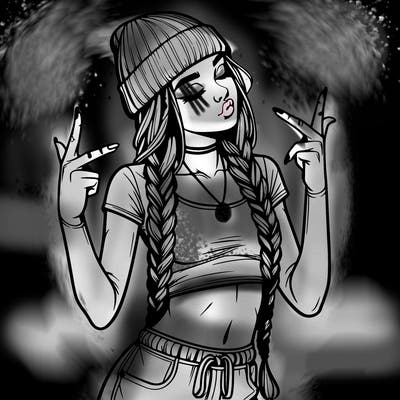 realistic teenage girl with braids and a beanie and crop top doing 🫶🏼