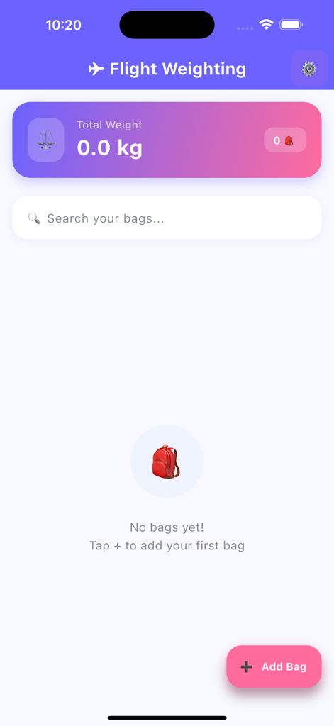 Bagga Calc app flight weighting screen with total weight and add bag option