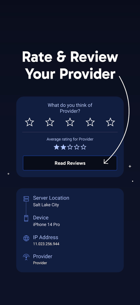 A mobile interface for the Speed Test app showing a Rate and Review Your Provider screen with a five star rating system and connection details.