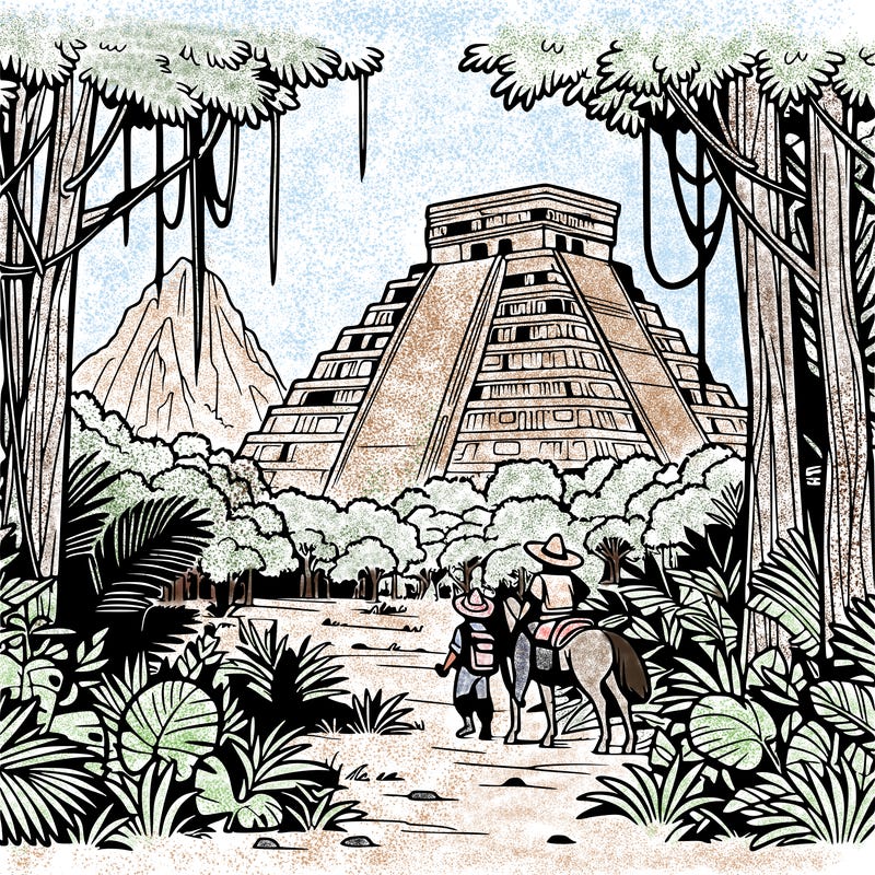 the itza arrive in a dense jungle and discover the imposing ruins of chichen itza, with its majestic pyramids covered in vegetation.