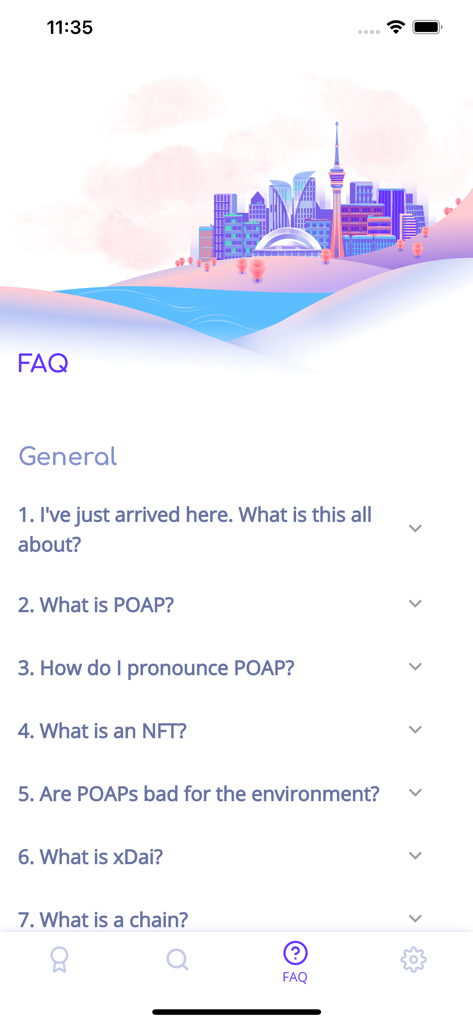 The FAQ section of the POAP App displaying general information and common questions about the platform.