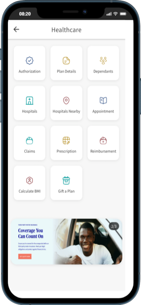 Schermata dei servizi sanitari nell'app MyAXA Plus con opzioni per appuntamenti e prescrizioni